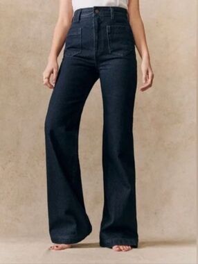 Sézane "The 70's" High Waisted Dark Blue Wide Leg Trousers Jeans